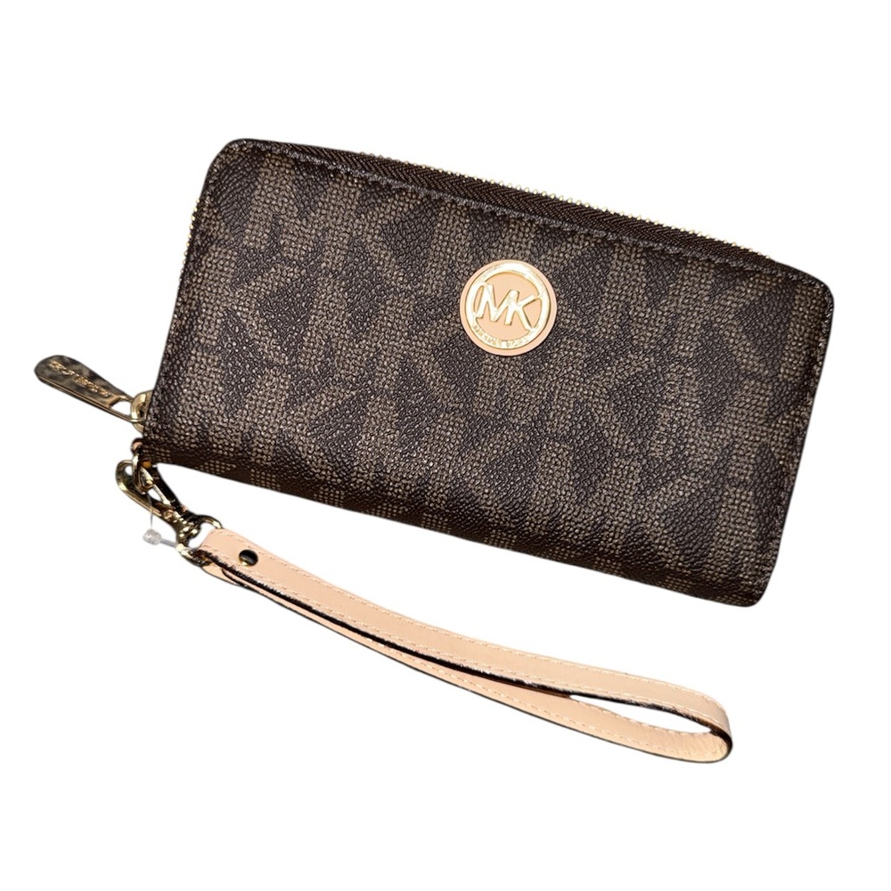 •MICHAEL KORS•BROWN & TAN WRISTLET WALLET WITH MK LOGO AND GOLD HARDWARE EUC
